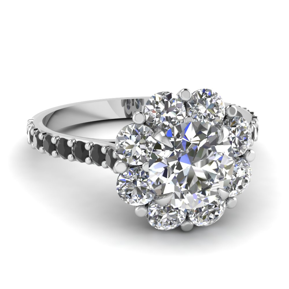 Round Halo Diamond Engagement Rings
 Round Cut Flower Halo Engagement Ring With Black Diamond