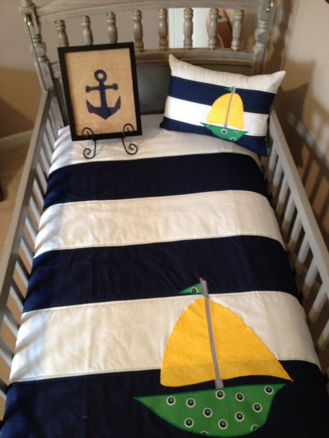 Sailboat Baby Decor
 Two Piece Nautical Boy Nursery Bedding w Sailboat Applique in