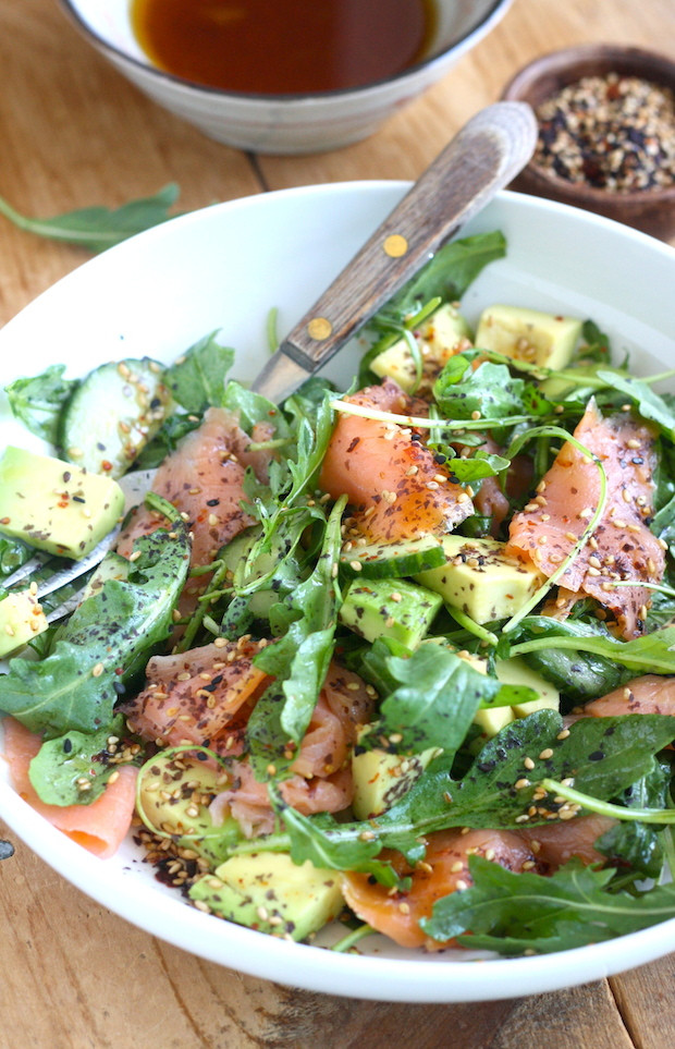 Salad With Smoked Salmon
 Smoked Salmon & Avocado Salad with Japanese Ponzu Dressing