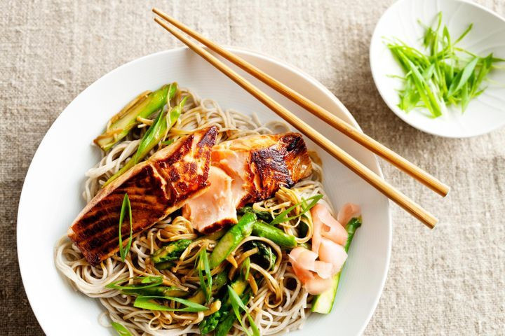 Salmon And Noodles
 Teriyaki salmon with soba noodles and asparagus