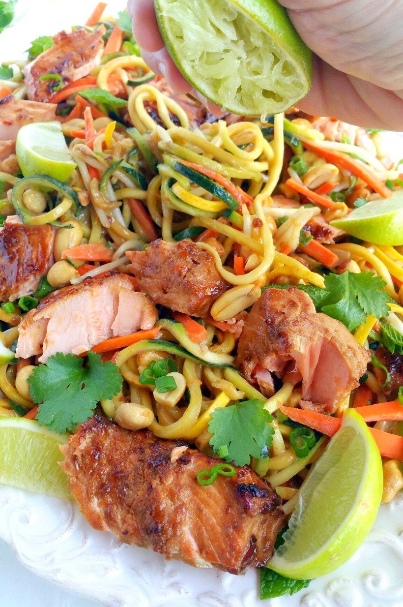 Salmon And Noodles
 Salmon and Zucchini Noodles with Spicy Peanut Sauce