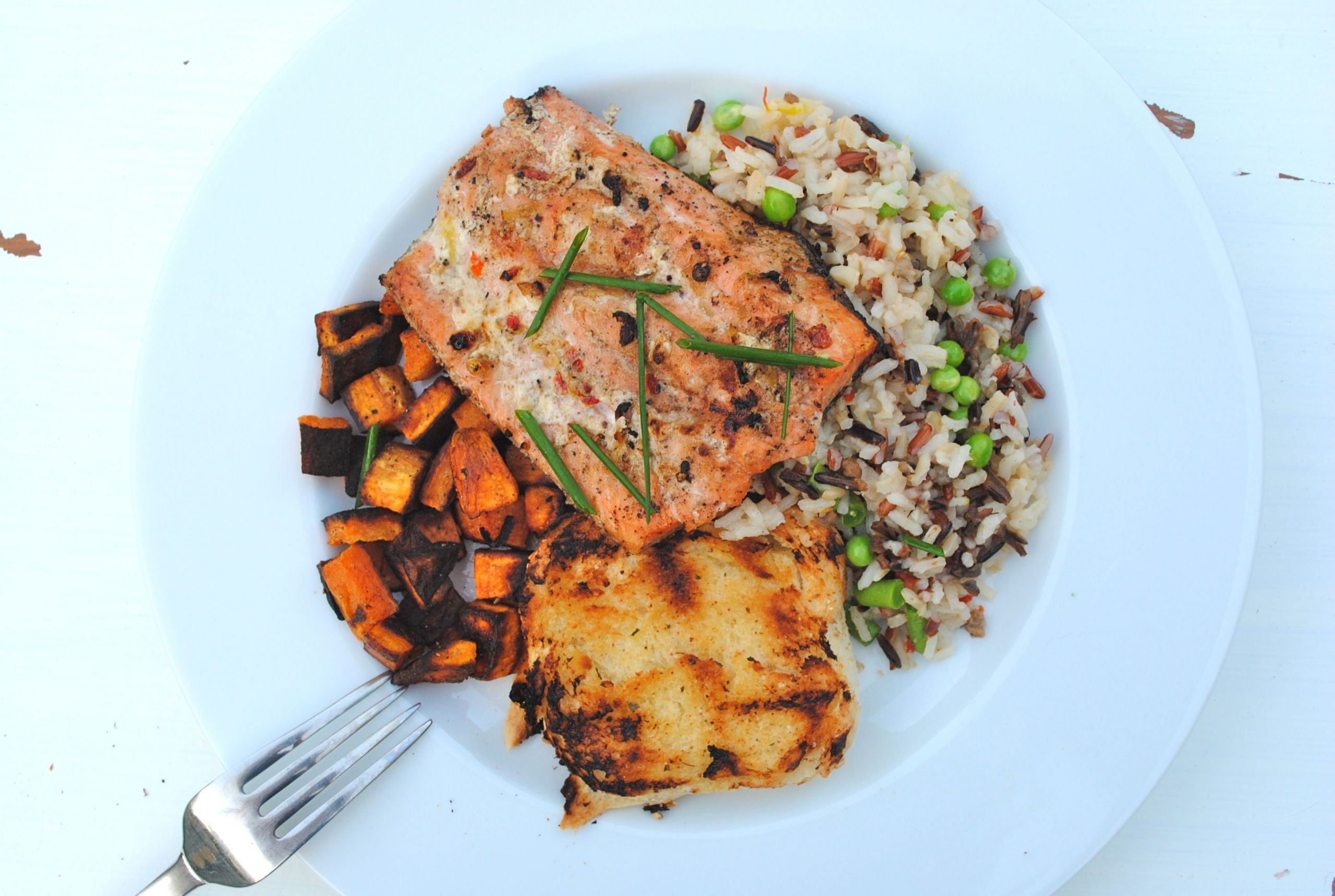 Salmon And Wild Rice
 Grilled Salmon with Roasted Sweet Potatoes and Garden Wild