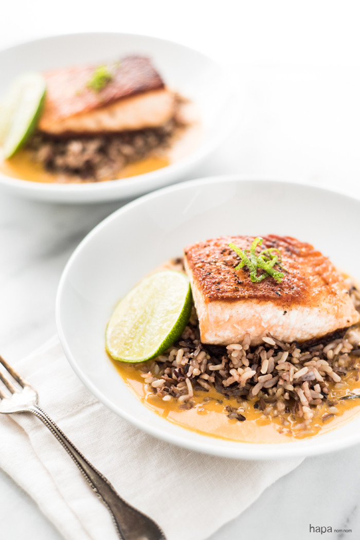 Salmon And Wild Rice
 Pan Seared Salmon with Wild Rice in Coconut Curry Broth