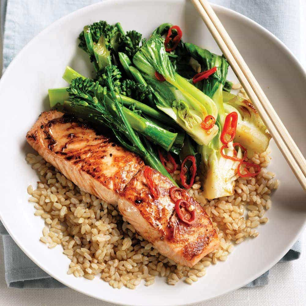 Salmon Brown Rice
 Teriyaki salmon with stir fried greens and brown rice