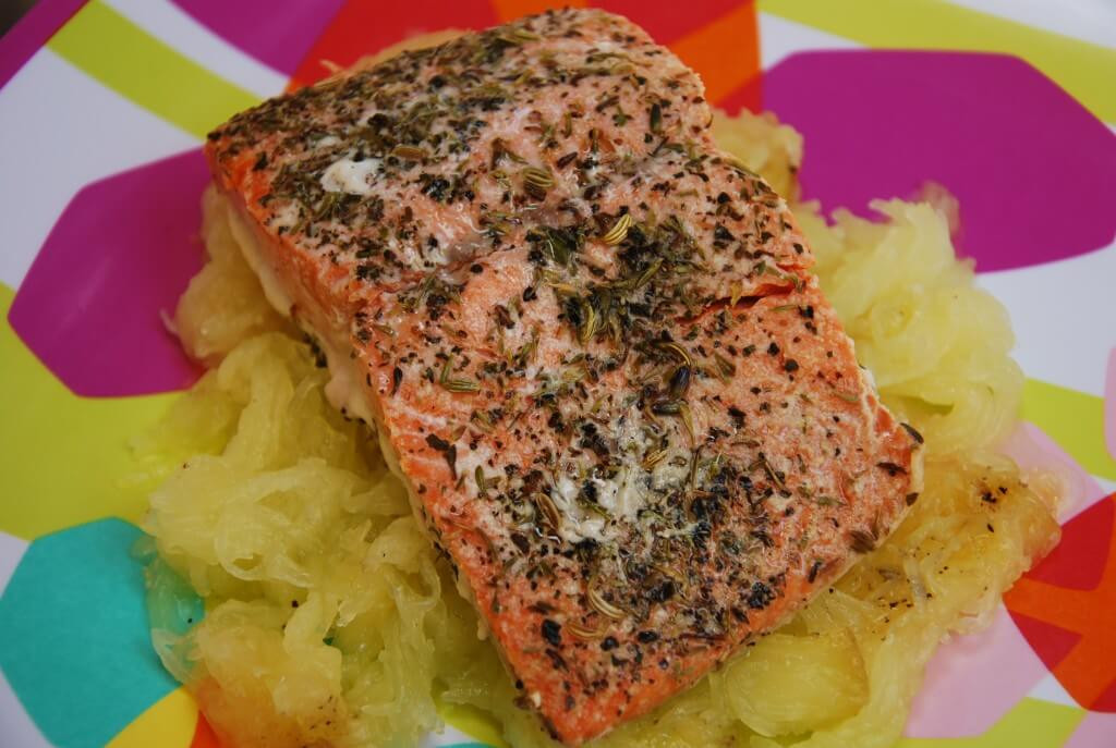 Salmon Spaghetti Squash
 Herbed Salmon with Dry Roasted Spaghetti Squash Life