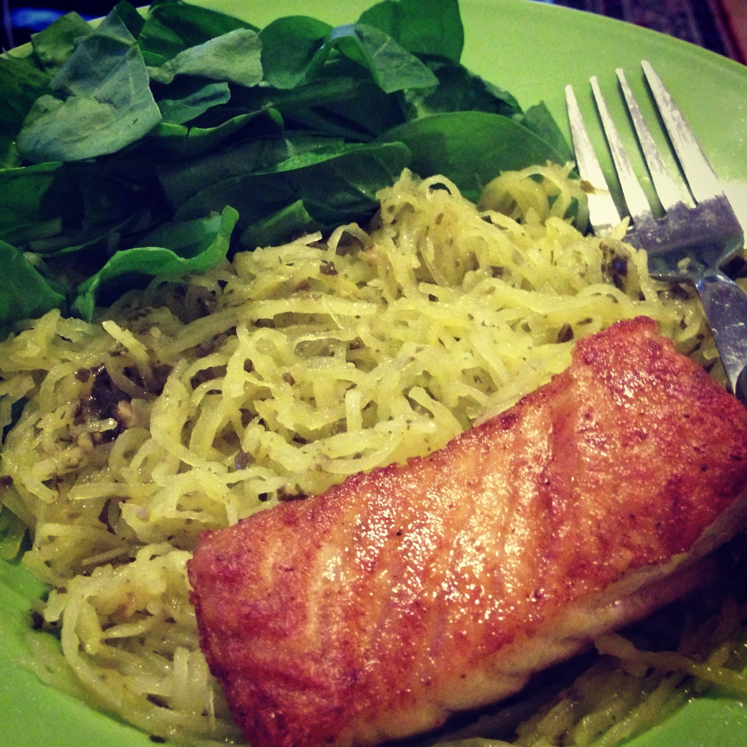 Salmon Spaghetti Squash
 salmon spaghetti squash and spinach