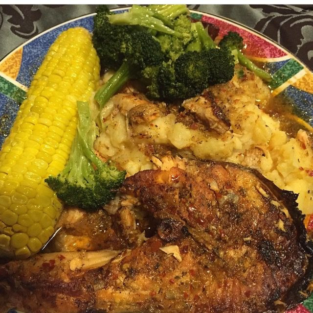 Salmon Stew With Potatoes And Corn
 Jerk Salmon with mashed potatoes corn and broccoli