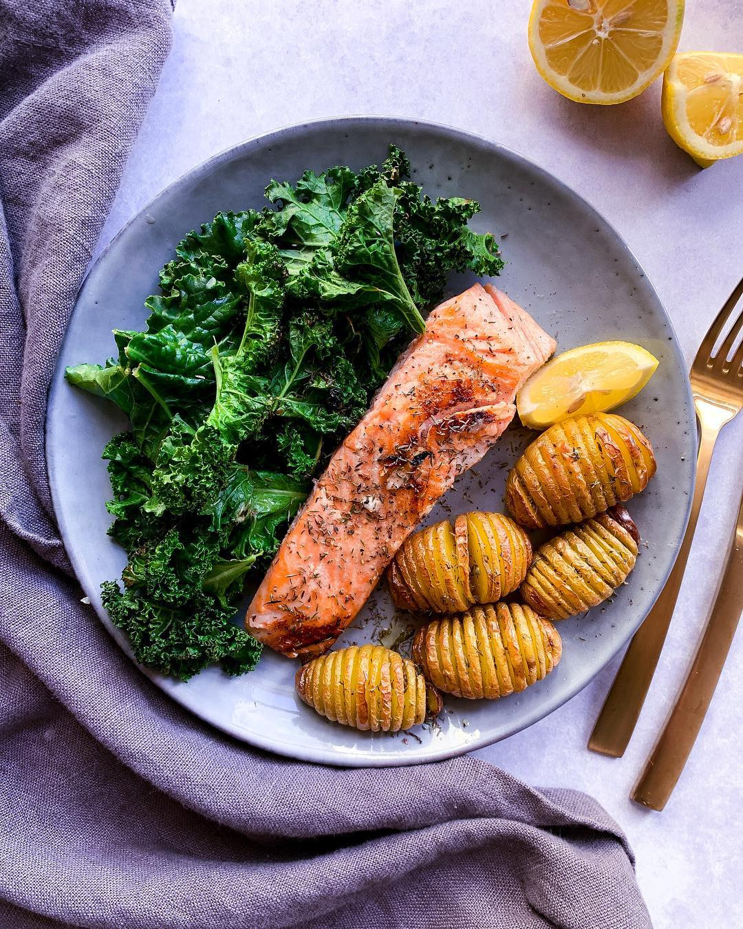 Salmon Stew With Potatoes And Corn
 Lunch time Grilled salmon with sautéed kale and