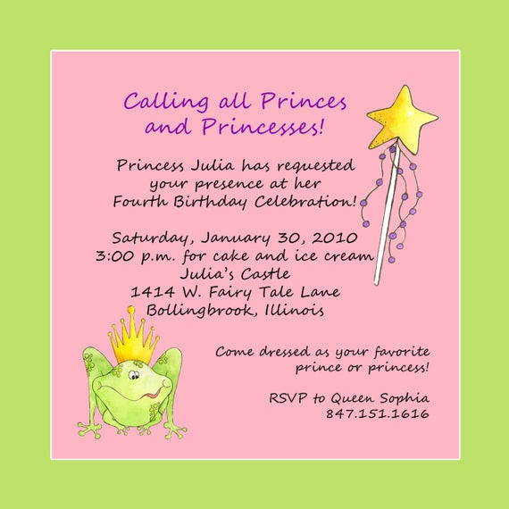 Sample Birthday Invitation Wording
 Princess Theme Birthday Party Invitation Custom Wording