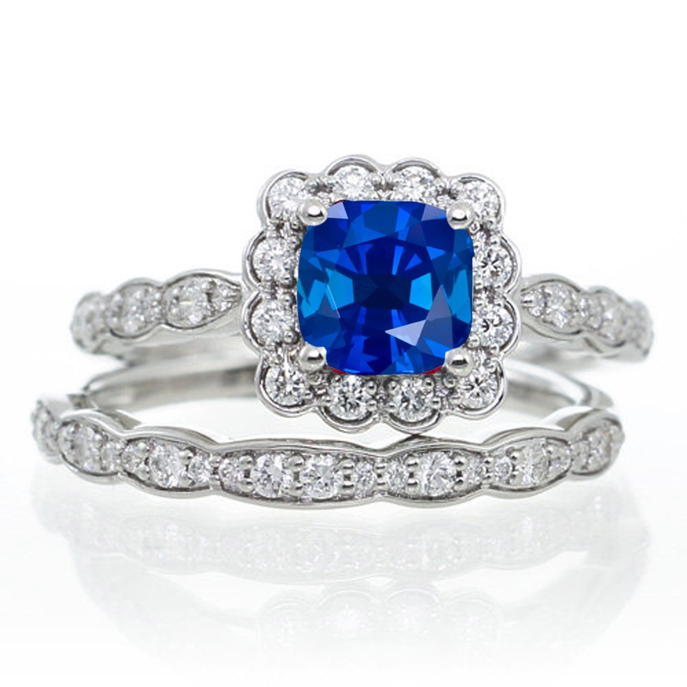 Sapphire Wedding Rings Sets
 2 Carat Princess Cut Sapphire and Diamond Wedding Ring set