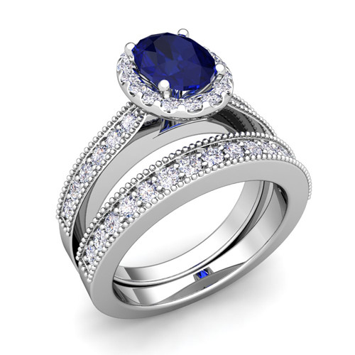 Sapphire Wedding Rings Sets
 Milgrain Diamond Sapphire Engagement Ring Bridal Set