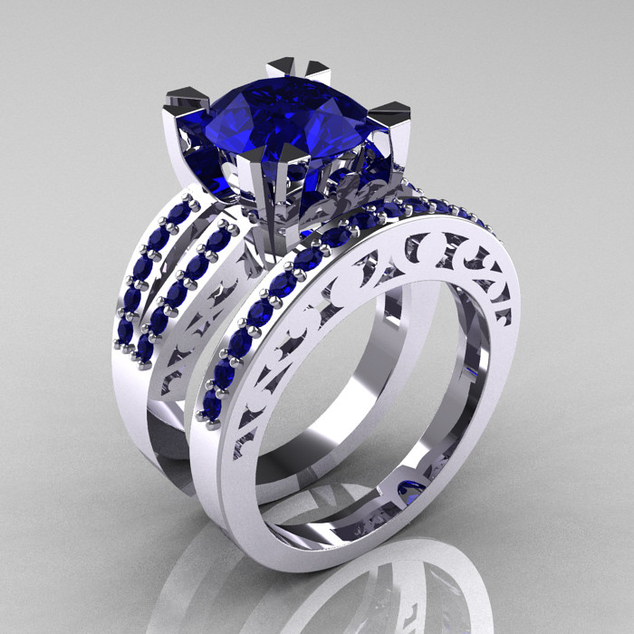 Sapphire Wedding Rings Sets
 Modern Vintage 14K White Gold 3 0 Carat Blue Sapphire