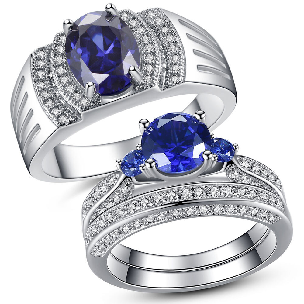 Sapphire Wedding Rings Sets
 Sterling Silver His Simulated Tanzanite Band Hers Blue
