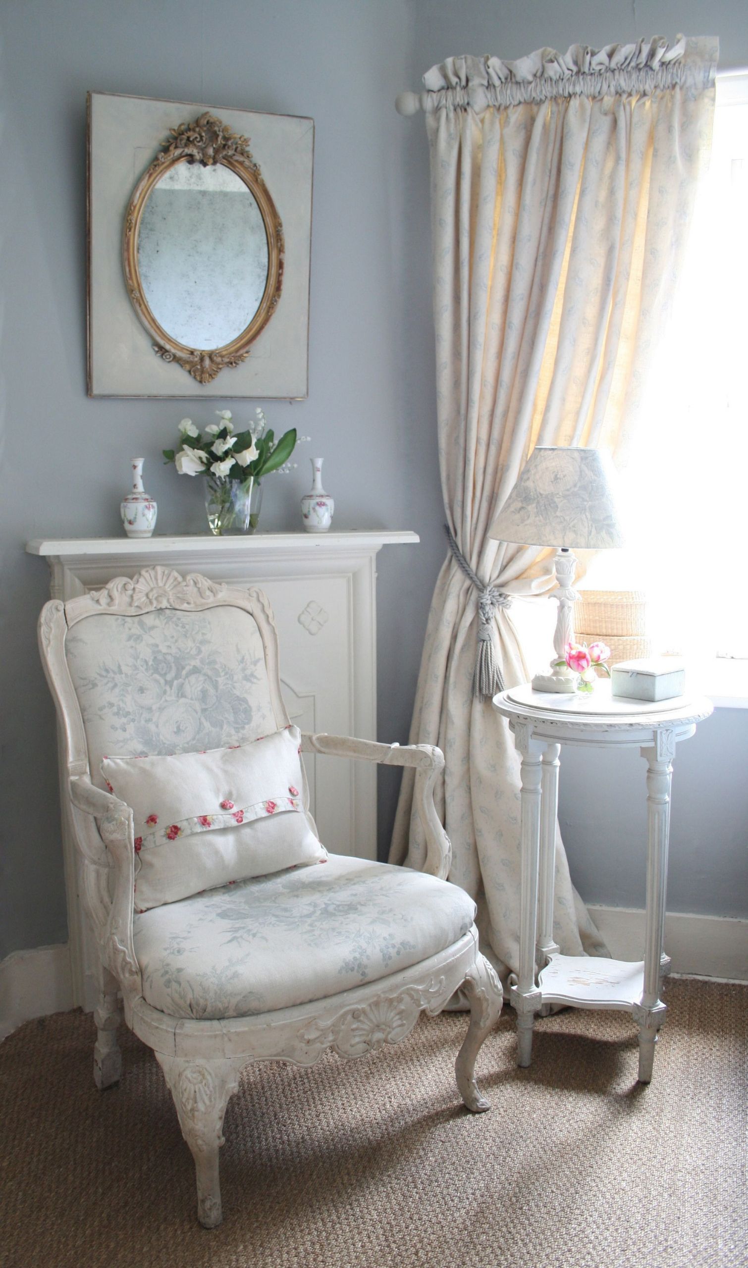 Shabby Chic Bedroom Chair
 smokey blue grey with creamy chair in pretty floral note