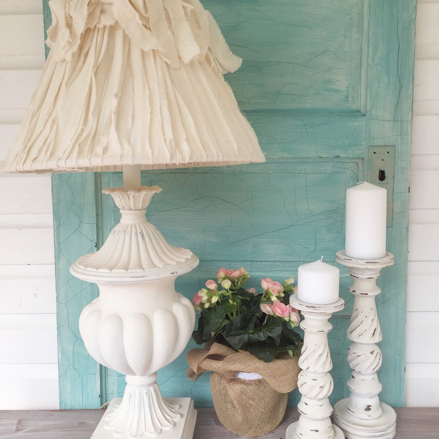 Shabby Chic Bedroom Lamp
 White Shabby Chic Table Lamp Bedroom Light with Cream Tattered