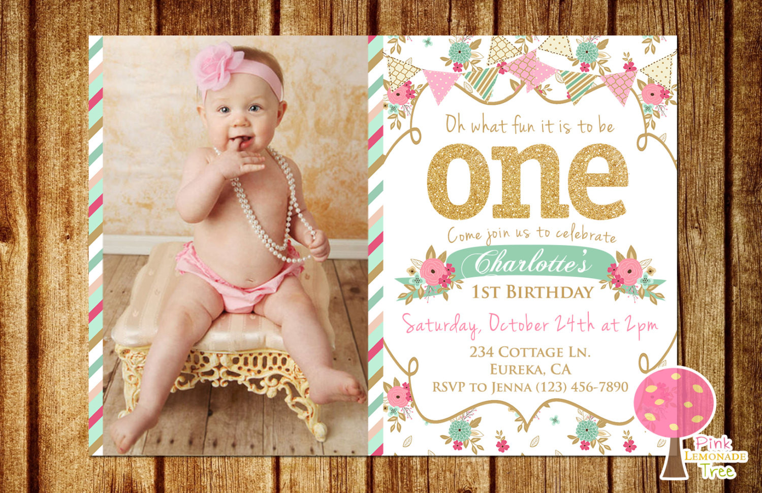 Shabby Chic Birthday Invitations
 Shabby Chic First Birthday Party Invitation Gold Glitter