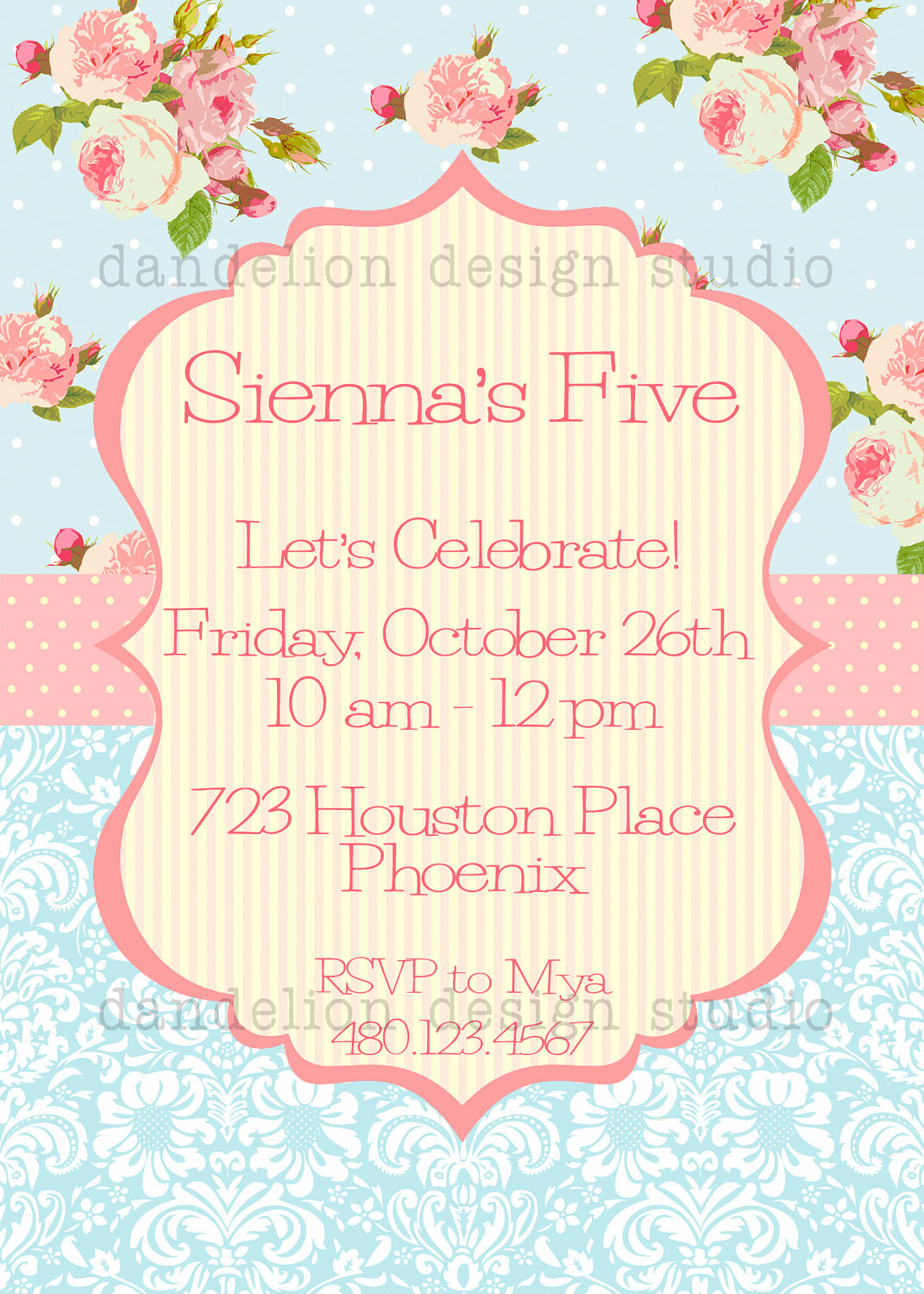 Shabby Chic Birthday Invitations
 PRINTABLE Custom Invitation Blue Shabby Chic Party