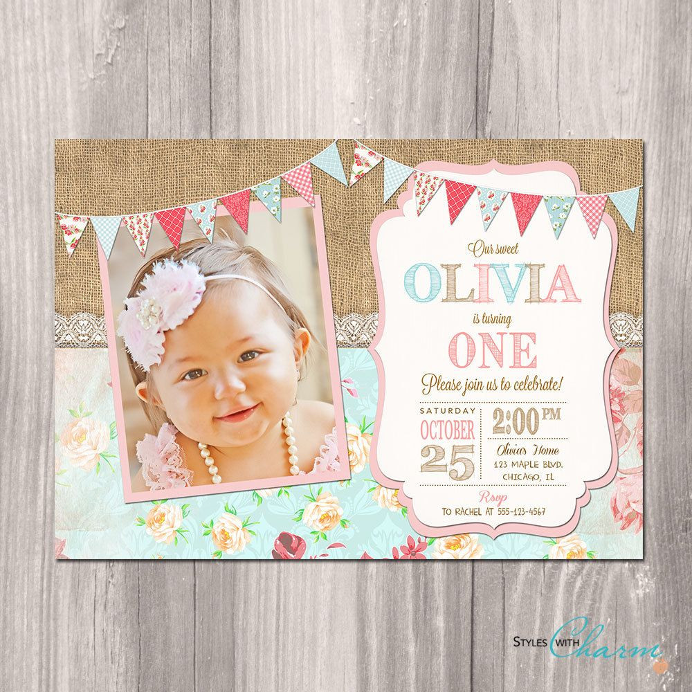 Shabby Chic Birthday Invitations
 Shabby Chic Birthday Invitation Girl First Birthday