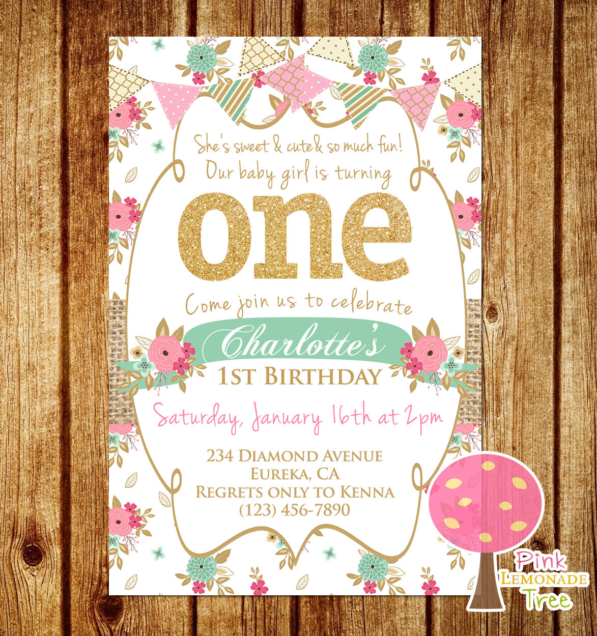 Shabby Chic Birthday Invitations
 Shabby Chic First Birthday Party Invitation Gold Glitter