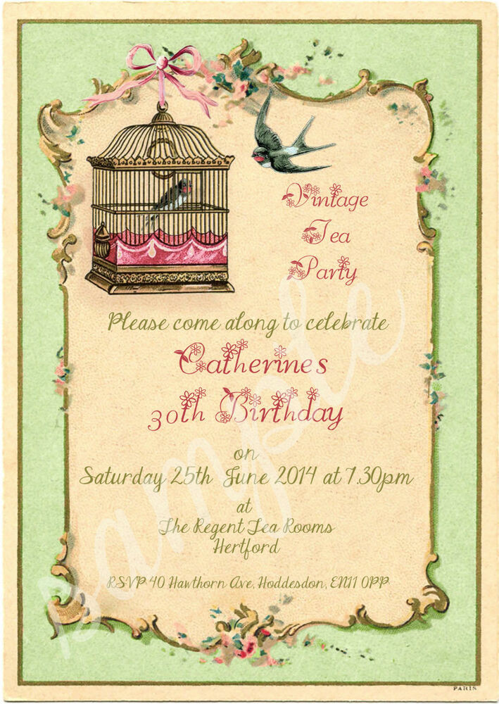 Shabby Chic Birthday Invitations
 ANY AGE shabby chic vintage tea party birdcage birthday