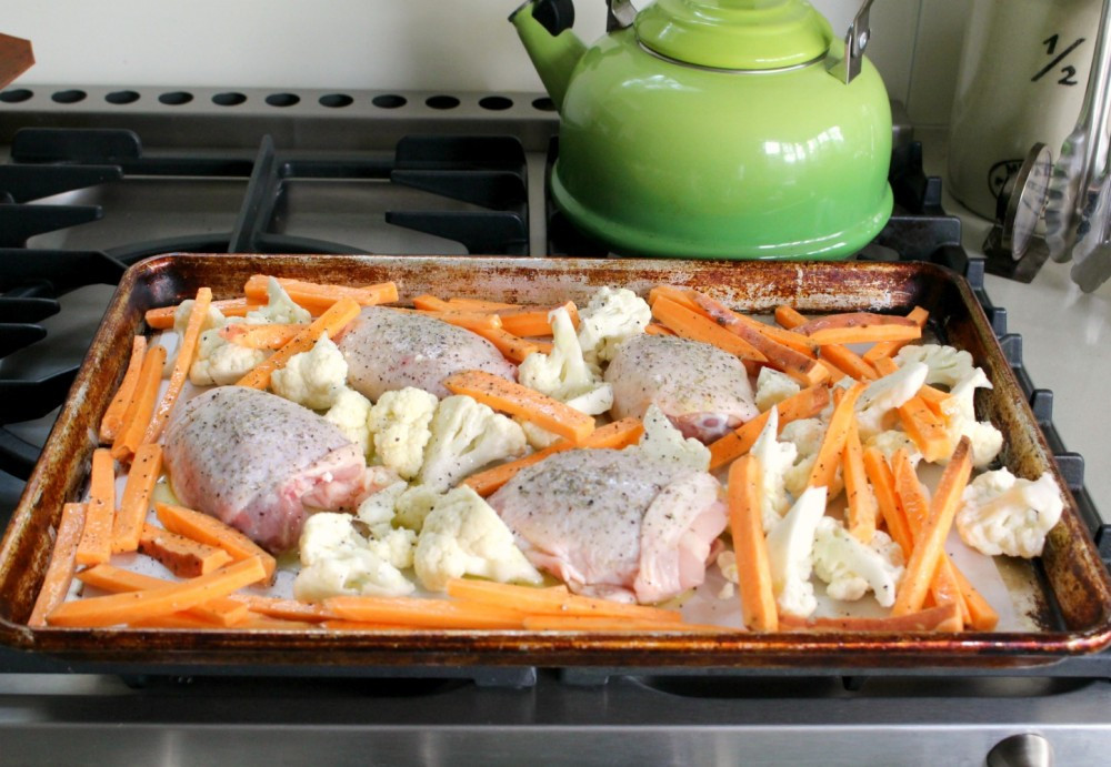 Sheet Pan Chicken Thighs And Potatoes
 Roasted Sheet Pan Chicken Thighs with Sweet Potato Fries