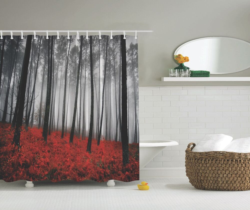 Shower Curtain For Gray Bathroom
 Gray Forest Trees Red Ferns Fabric Shower Curtain