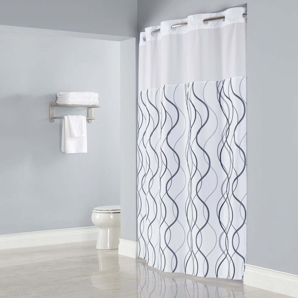 Shower Curtain For Gray Bathroom
 Hookless HBH49WAV01SL77 White with Gray Waves Shower