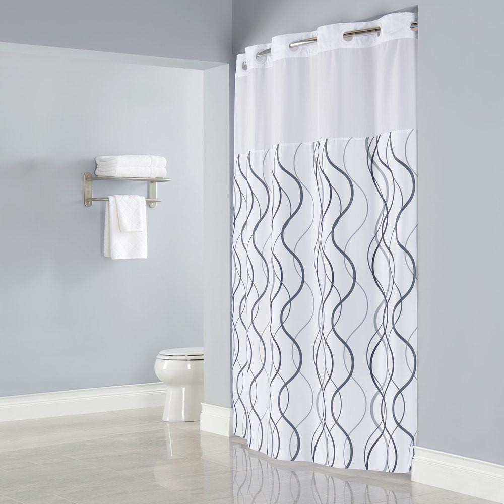 Shower Curtains For Grey Bathroom
 Hookless HBH49WAV01SL77 White with Gray Waves Shower