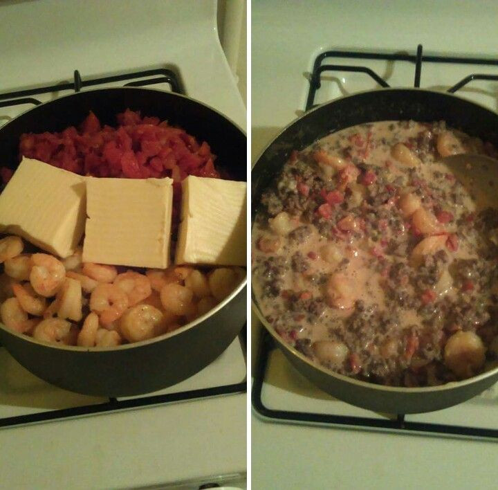 Shrimp Rotel Pasta
 rotel dip with ground beef and shrimp