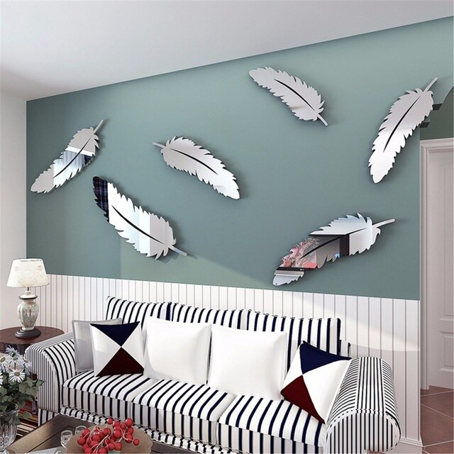 Silver Bathroom Wall Decor
 Removable DIY Silver Feather 3D Mirror Wall Art Stickers