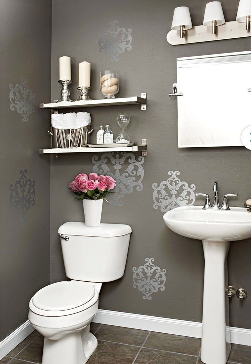 Silver Bathroom Wall Decor
 Silver leaf medallion stencils on gray walls A Interior