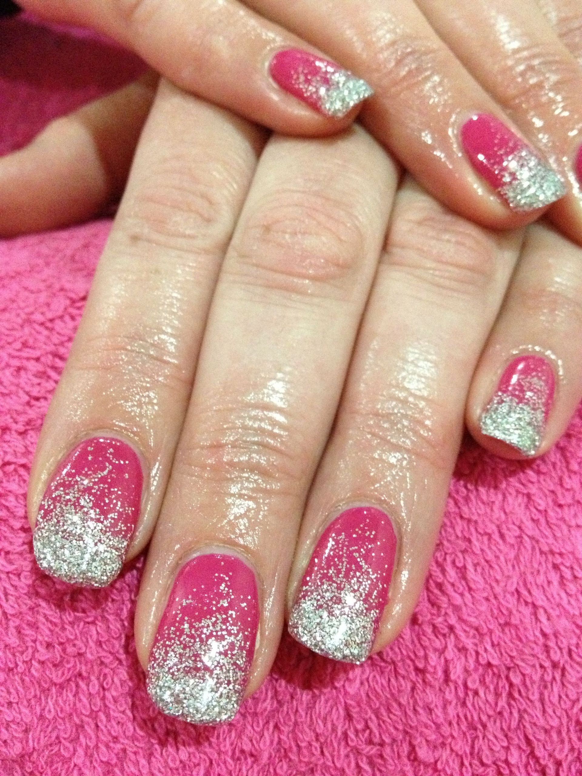 Silver Glitter Ombre Nails
 Pink and silver ombre glitter gel nails