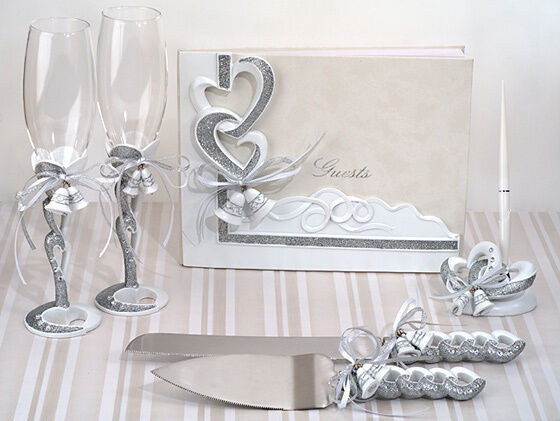 Silver Heart Wedding Guest Book
 Wedding Bells Hearts Guest Book Toasting Flutes Server