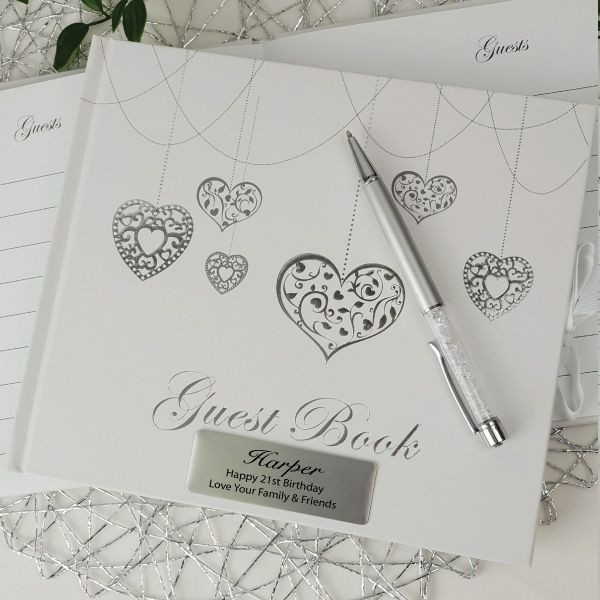 Silver Heart Wedding Guest Book
 Personalised 21st Birthday Guest Book White Silver Hearts