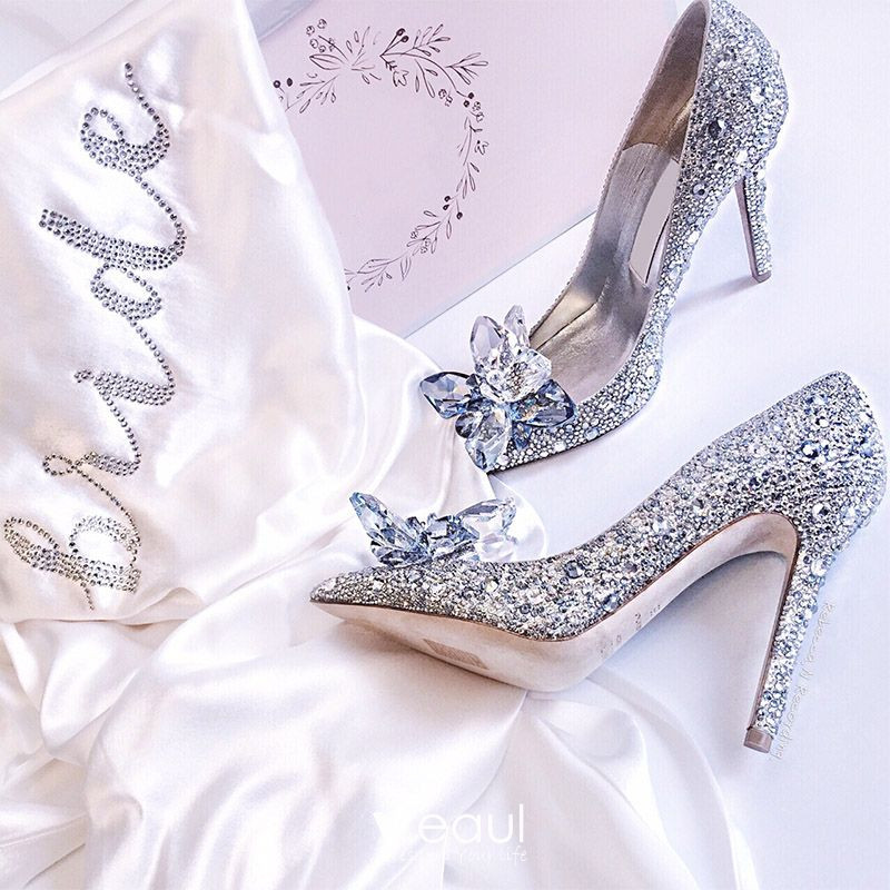 Silver Rhinestone Wedding Shoes
 Sparkly Silver Cinderella Wedding Shoes 2018 Crystal