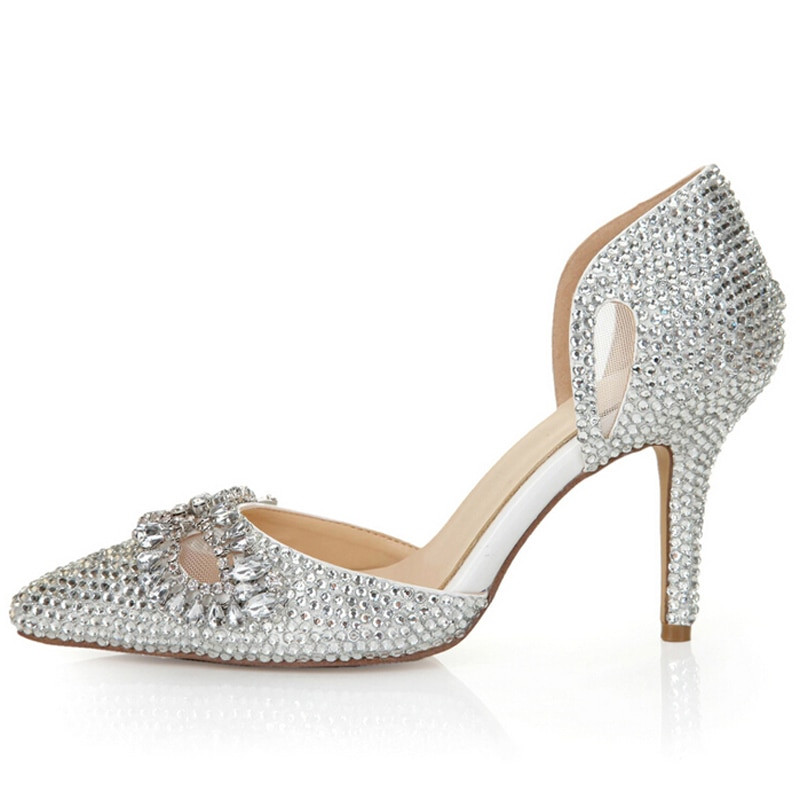 Silver Rhinestone Wedding Shoes
 Silver Rhinestone Heels Pointed Toe Bling Cinderella Shoes