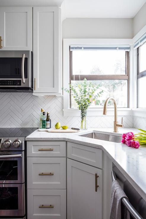 Small Kitchen Sink And Cabinet
 Corner Kitchen Sink Under Two Windows Transitional Kitchen