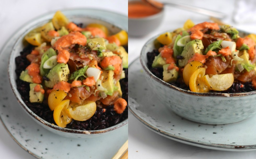 Smoked Salmon Poke Bowl
 Smoked Salmon & Black Rice Poke Bowl with Chilli Sauce