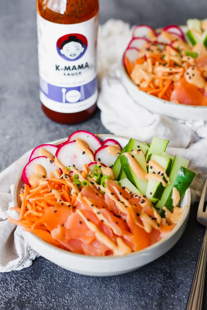 Smoked Salmon Poke Bowl
 Smoked Salmon Poke Bowl with a Spicy Korean Yogurt Sauce