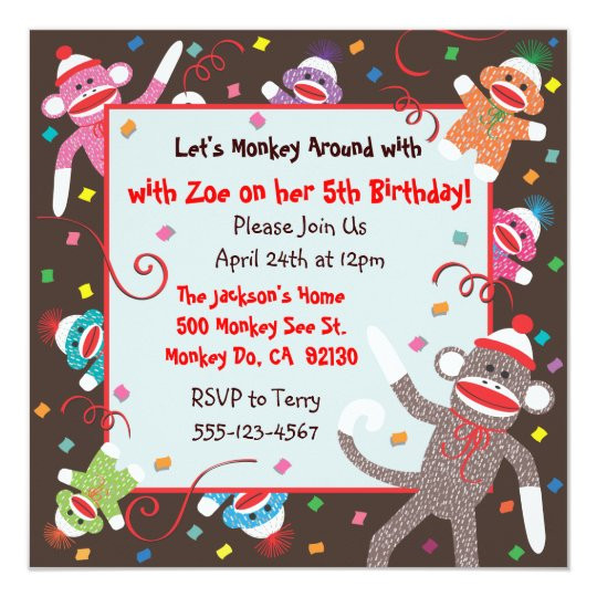 Sock Monkey Birthday Invitations
 Sock Monkey Birthday Party Invitation Card