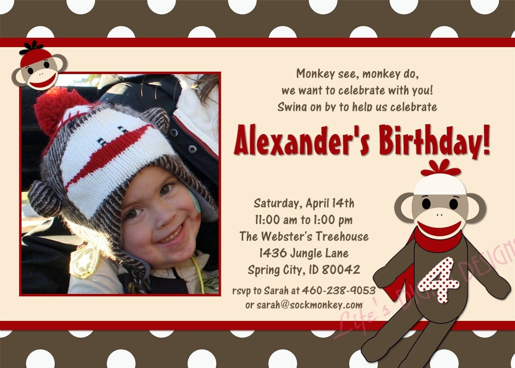 Sock Monkey Birthday Invitations
 Sock Monkey Birthday Invitations Brown and White Dots