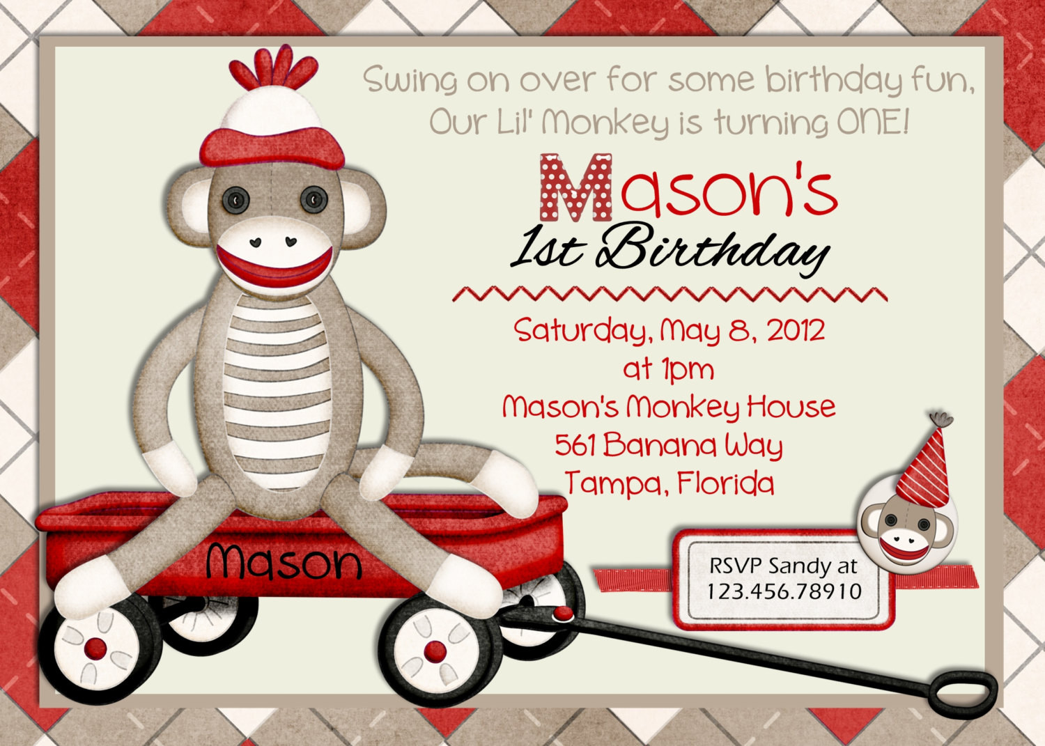 Sock Monkey Birthday Invitations
 Sock Monkey Birthday Invitation Printable and Custom