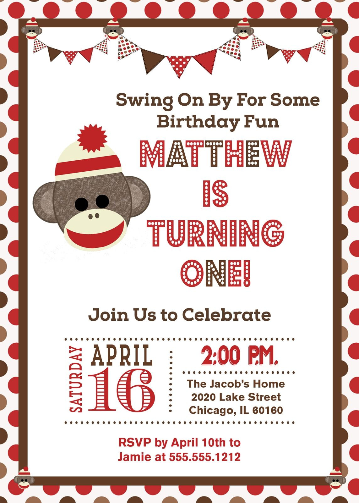 Sock Monkey Birthday Invitations
 Sock Monkey Birthday Invitation Red Brown & Blue