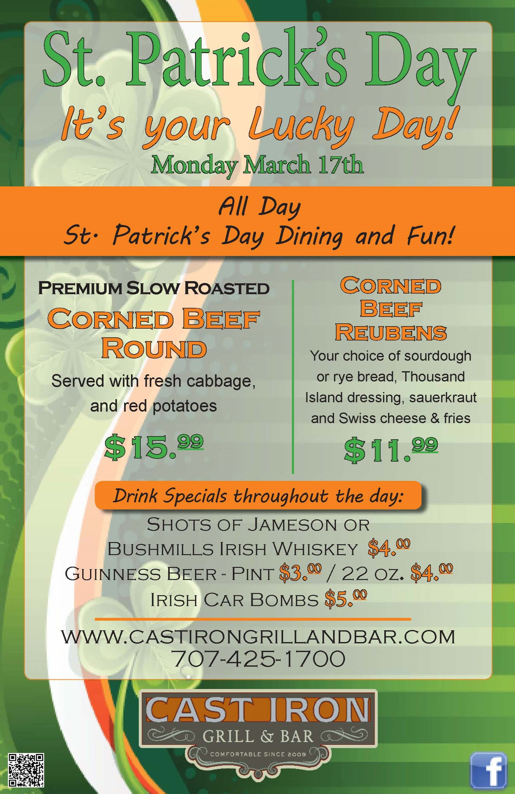 St Patrick Day Food Specials
 St Patrick’s Day Celebration › Cast Iron Grill & Bar