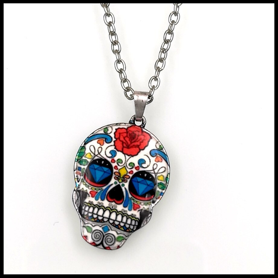 Sugar Skull Necklace
 wholesale tattoo enamel flower eyes sugar skull necklace