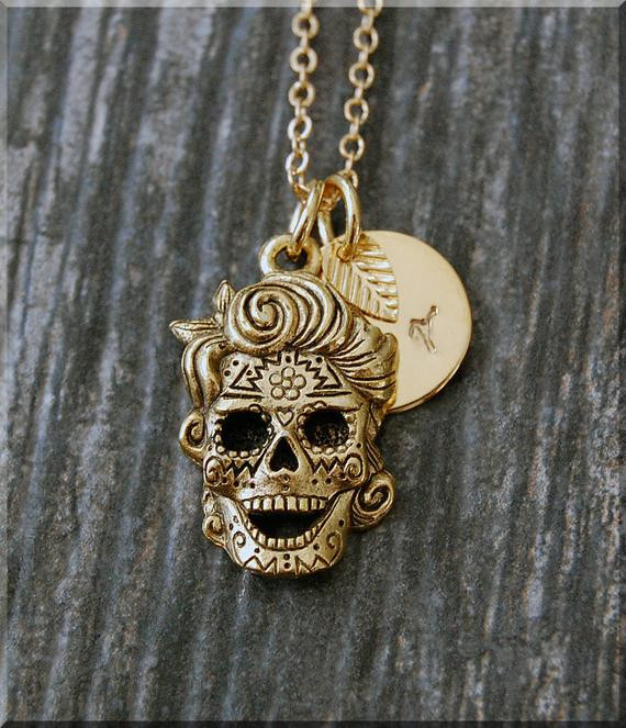 Sugar Skull Necklace
 Gold Sugar Skull Charm Necklace Initial Charm Necklace