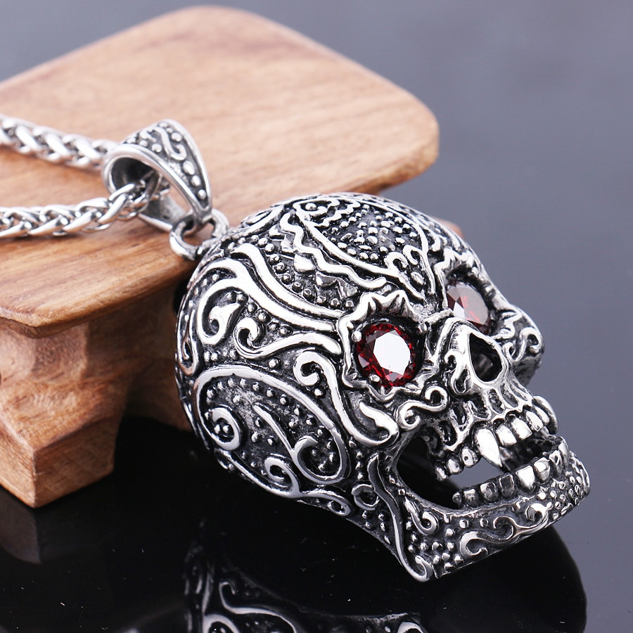 Sugar Skull Necklace
 Skull Pendant Mens Stainless Steel Sugar Skull