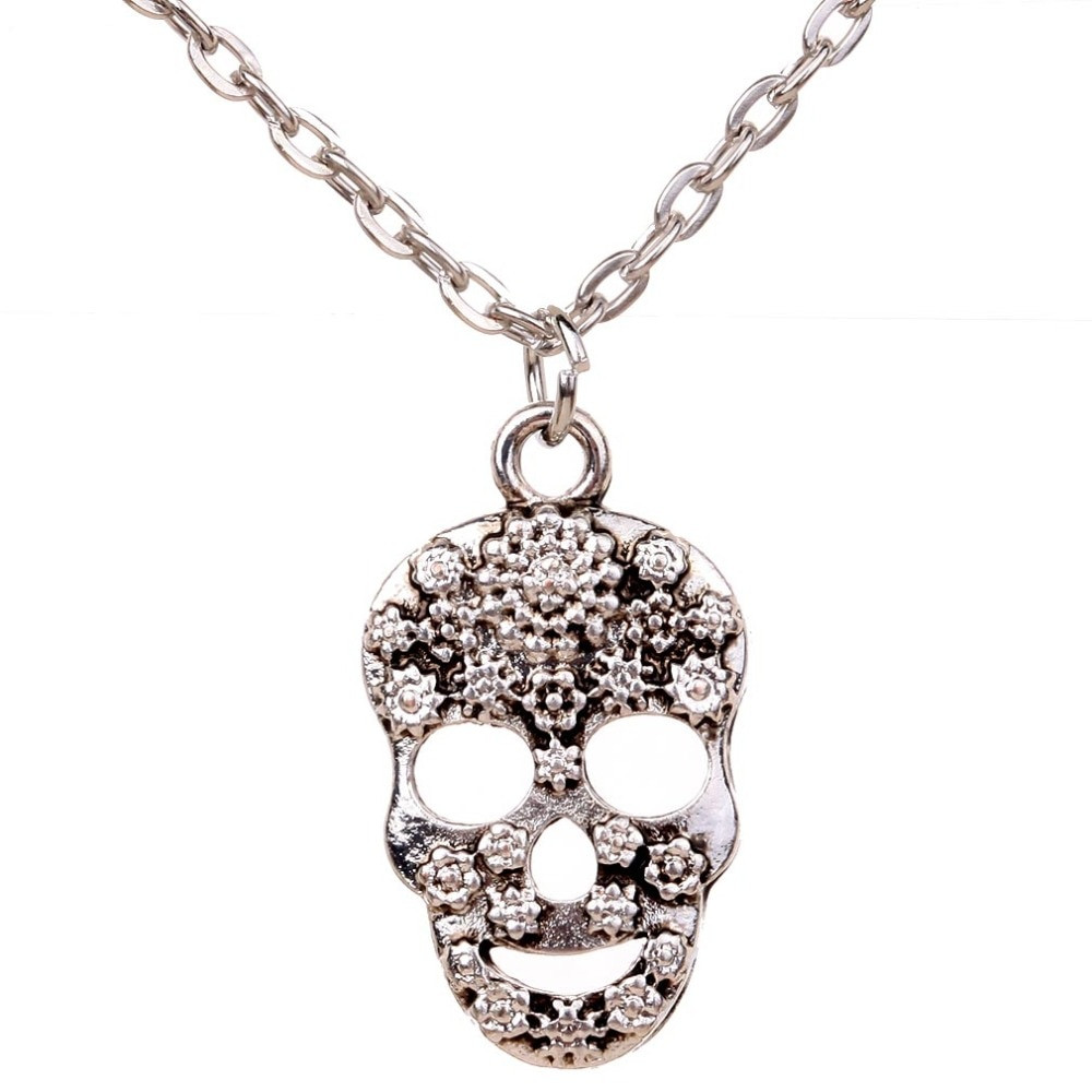 Sugar Skull Necklace
 Yazilind Vintage Antique Silver Sugar Skull Pendant