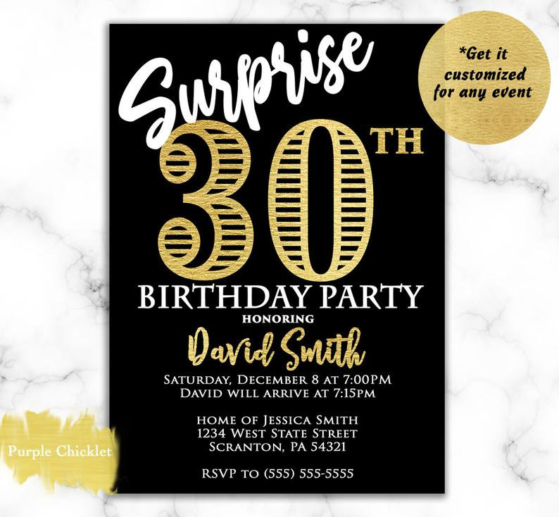 Surprise 30th Birthday Invitations For Him
 Surprise 30th Birthday Invitation for him Gold and Black