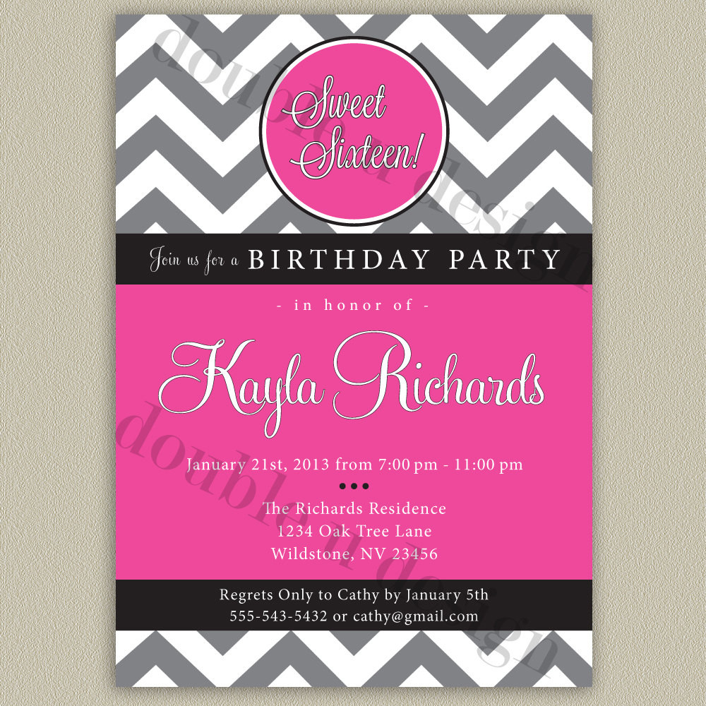 Sweet 16 Birthday Invitations Free Printable
 Chevron Sweet Sixteen Printable Birthday Party Invitation with